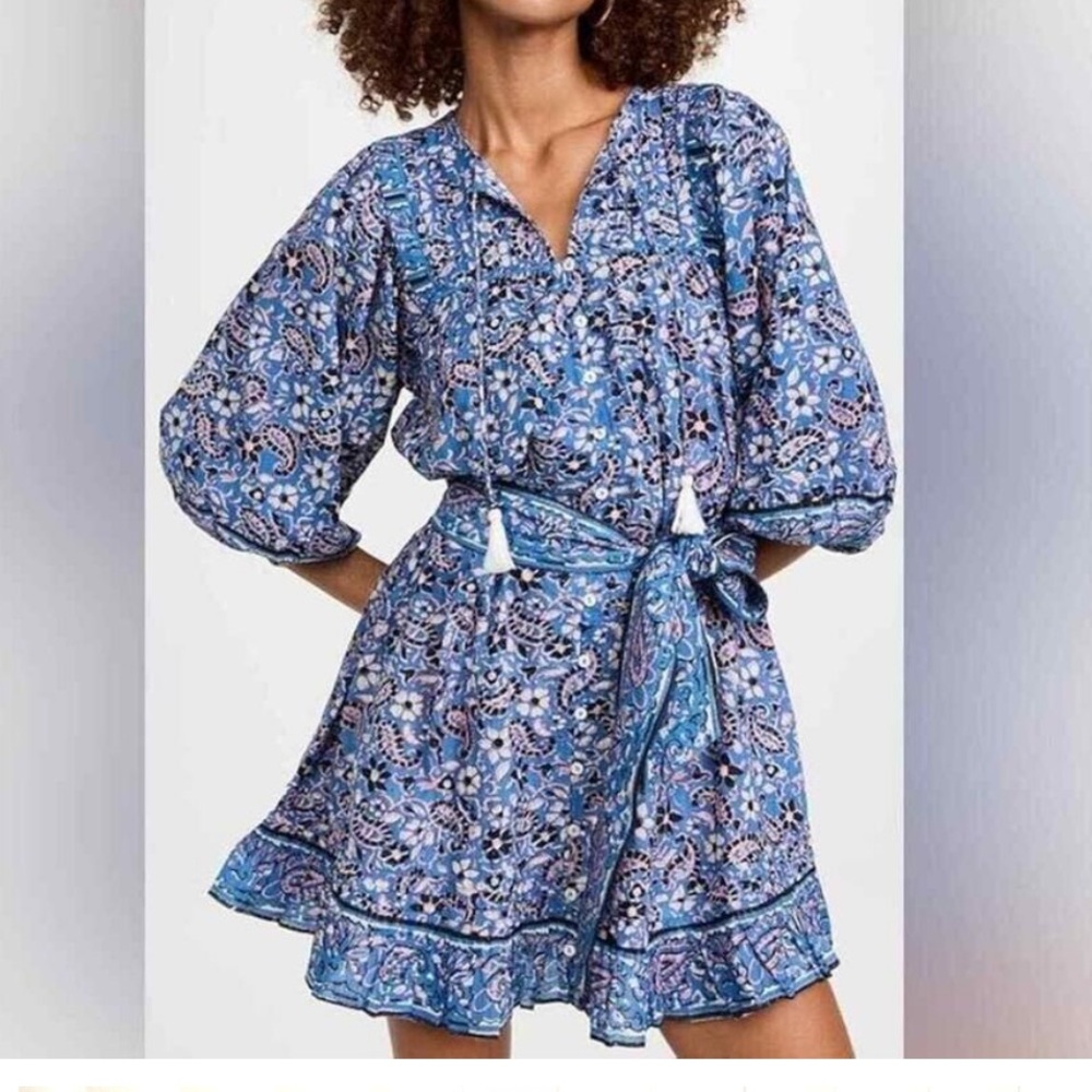 Cleobella magdelena mini tassel button long puff  sleeve Blue Paisley Dress